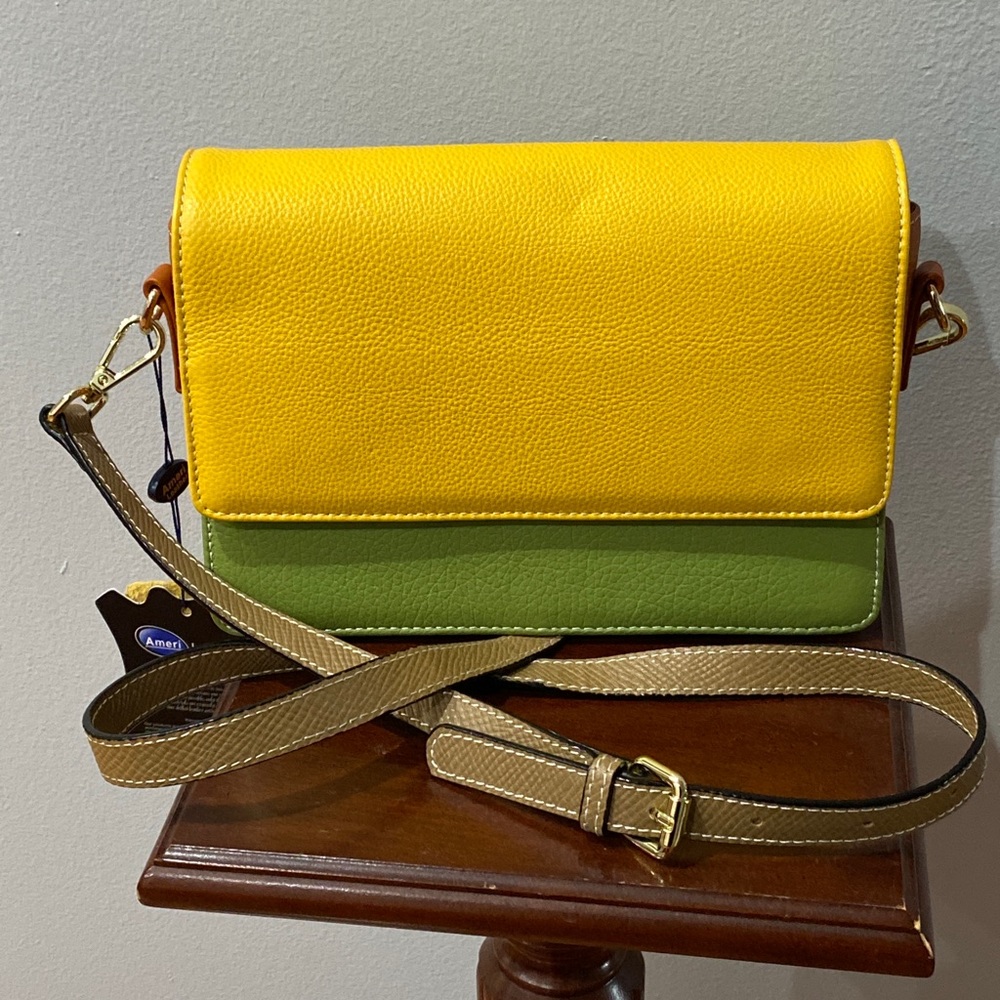 Ameri Leather Wilma yellow and gray color block leather crossbody bag